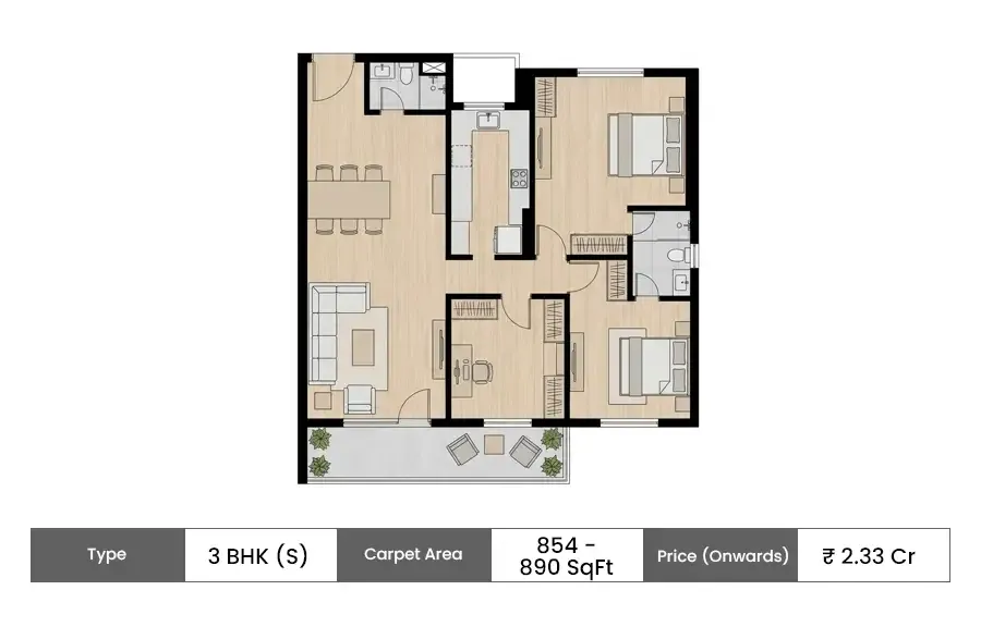 Wadhwa Solis 3 BHK floor plan, 854 sq ft carpet area