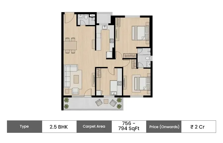 Wadhwa Solis 2.5 BHK floor plan, 756 sq ft carpet area
