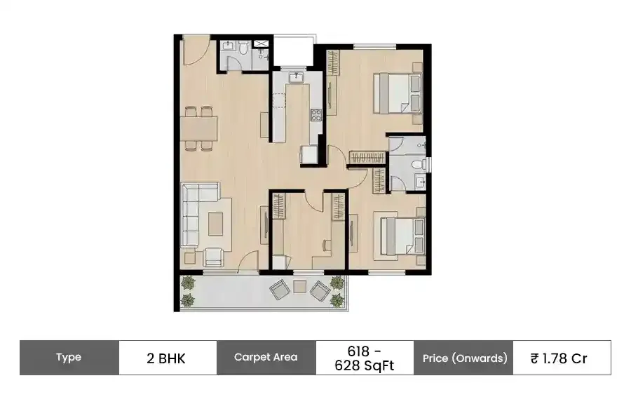 Wadhwa Solis 2 BHK floor plan, 618 sq ft carpet area