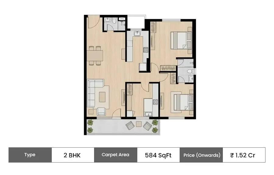 Wadhwa Solis 2 BHK floor plan, 584 sq ft carpet area